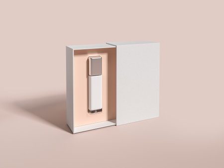 White flacon lying in blank open box on pink background. Fragrance and spray. Concept of skin, beauty care and cosmetic. Mockup for product display. 3D rendering illustrationの写真素材