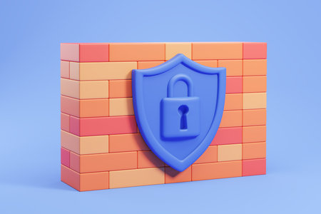 View of secure firewall with shield and padlock hanging on it over blue background. Concept of data protection against cyber crime and cyber security. 3d renderingの写真素材
