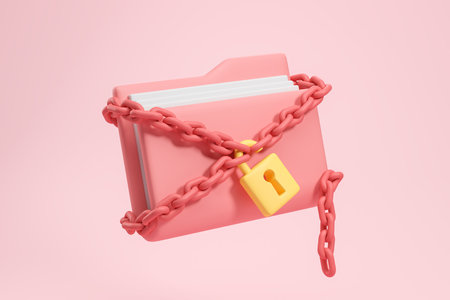View of pink file folder with cut chain and open padlock over pink background. Concept of private document protection failure and cyber security breach. 3d renderingの写真素材