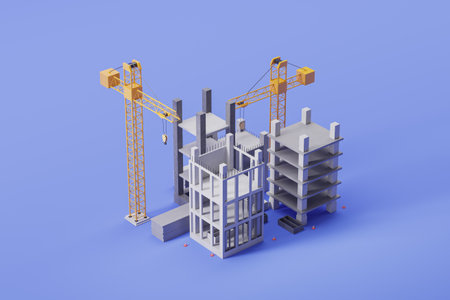 Top view of yellow cranes with house and parking under construction, purple background. Concept of new real estate, residential complex and building company. 3D rendering illustrationの写真素材