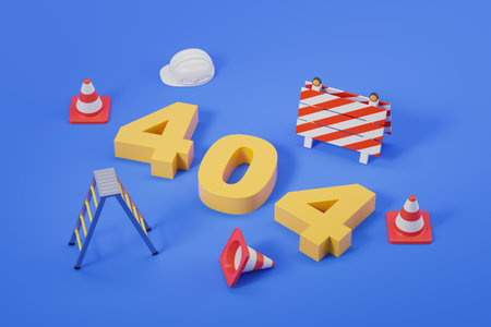 Bright 404 website not found message surrounded by construction tools over bright blue background....