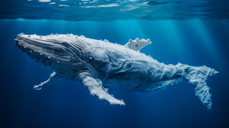 Whale made of plastic bags are swiming in the ocean. Contamination of the Oceans. marine plastic pollution concept. environmental pollution. AI generativeの素材