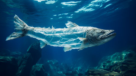 Barracuda Fish made of plastic bags are swiming in the ocean. Contamination of the Oceans. marine plastic pollution concept. environmental pollution. AI generativeの素材