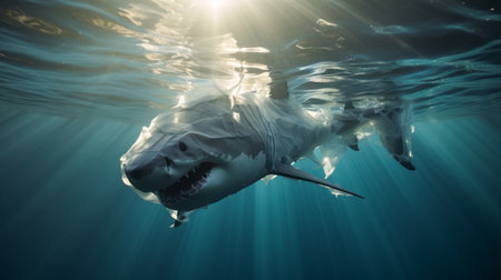 Shark made of plastic bags are swimming in the ocean. Contamination of the Oceans. marine plastic pollution concept. environmental pollution. AI generativeの素材