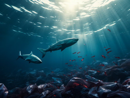 Whale made of plastic bags are swiming in the ocean. Contamination of the Oceans. marine plastic pollution concept. environmental pollution. AI generativeの素材
