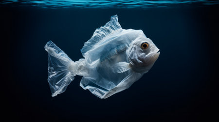Fish made of plastic bags are swimming in the ocean. Contamination of the Oceans. marine plastic pollution concept. environmental pollution. AI generativeの素材