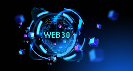 Digital web 3.0 hologram hud with glowing circles and earth globe, data blocks floating. New generation of internet. Concept of blockchain and decentralization. 3D rendering illustrationの写真素材