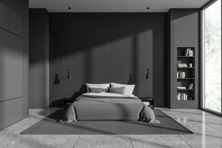 Interior of stylish bedroom with dark gray walls, concrete floor, comfortable king size bed with gray cover, two round bedside tables and bookcase. 3d renderingの写真素材