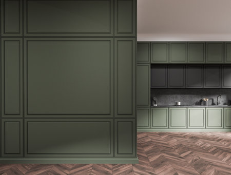Green and gray home kitchen interior with sink, stove and classic cabinet, modern kitchenware with coffee maker. Cooking space with copy space molding empty partition. copyspace. 3D renderingの写真素材