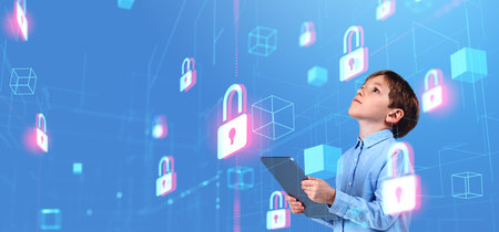 Boy with tablet in hands, looking up at glowing lock with data blocks. Padlock hud hologram,...