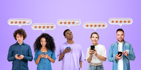 Five diverse young men and women in casual clothes with smartphones giving five and four star rating...
