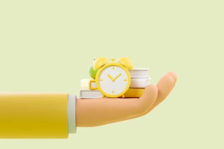 Hand of cartoon man holding stacks of books and alarm clock over green background. Back to school, education and reading concept. 3d renderingの写真素材