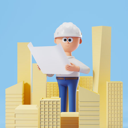 Cartoon character man in hard hat with abstract city building holding a paper plan. Concept of civil engineer, architect and construction worker. 3D rendering illustrationの写真素材