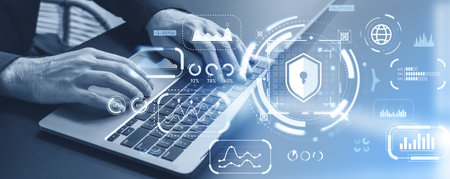 Businessman hands working in laptop, digital chart with big business data protection, graph with...