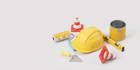 Paint bucket, roller brush, spirit level, hardhat and traffic cones. Set of house construction and renovation equipment over beige background with copy space. 3d renderingの写真素材