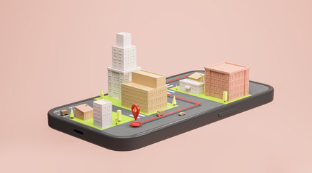 View of colorful city on smartphone screen with GPS navigation app and geotag navigation pin on map...
