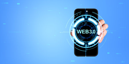Man hand showing a phone screen with web3 digital hologram hud, empty copy space background. Web 3.0 new internet generation and decentralization. Concept of mobile app and technologyの写真素材