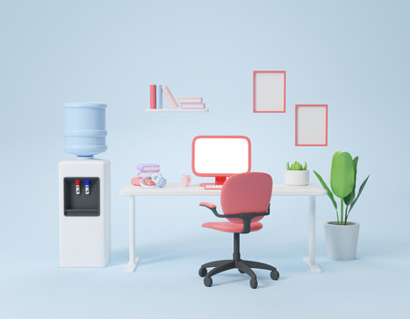 Cartoon office room with work desk and pc desktop with mock up display. Water cooler with shelf and books, blue background. Concept of workplace and learning. 3D rendering illustrationの写真素材