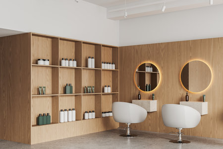 White wooden salon interior with round mirrors, side view cozy armchairs in row on gray concrete floor. Corner view shelf with jars and bottles, minimalist furniture and accessories. 3D renderingの写真素材
