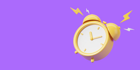 Cartoon yellow alarm clock ringing on empty copy space purple background, wake up symbol. Concept of deadline, reminder and last chance. 3D rendering illustrationの写真素材