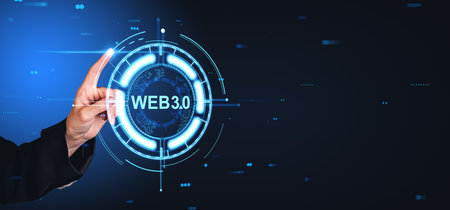 Hand of businesswoman pressing web 3.0 icon interacting with immersive HUD interface over dark blue background. New generation of internet and metaverse, cutting edge technology concept. copy spaceの写真素材
