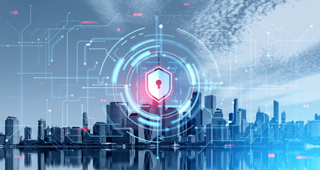 Digital cybersecurity hud hologram with glowing shield, circuit board with abstract lines. Concept...