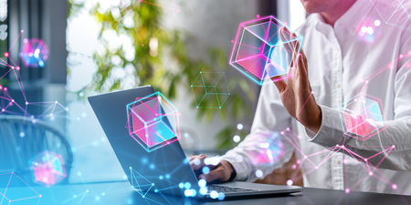 Unrecognizable businessman using laptop and working with immersive blockchain interface in blurry office. Concept of metaverse, cyberspace technology and hi techの写真素材