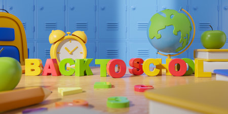 View of school table with colorful back to school text, books, backpack, globe, school supplies and...