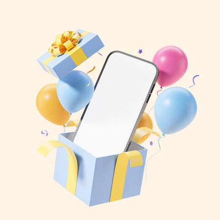Phone mock up empty display, opened gift box with yellow ribbons flying with helium balloons on beige background. Concept of holiday, present and online shopping. 3D rendering illustrationの写真素材