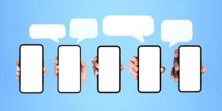 Hands of five diverse men and women showing smartphones with mock up screens and speech bubbles...