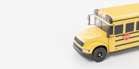 Top view of bright yellow school bus over gray background with copy space. Concept of education and knowledge. Elementary, middle and high school. 3d renderingの写真素材