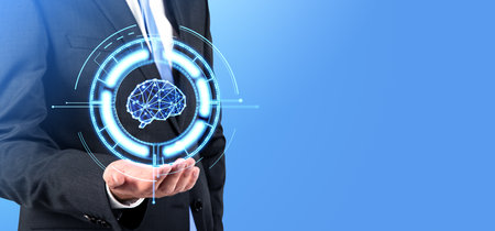 Hand of unrecognizable businessman showing immersive HUD artificial intelligence brain interface...