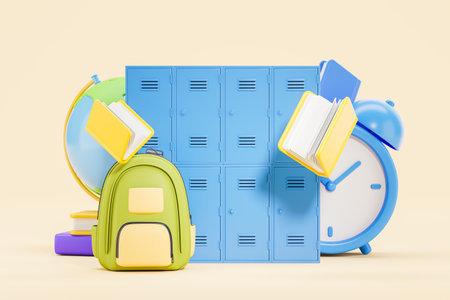 View of blue school lockers with big alarm clock, books and globe over yellow background. Back to school concept, education and knowledge. 3d renderingの写真素材