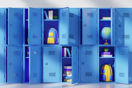 Row of blue school lockers with open doors, globes, backpacks and stacks of books inside. Back to school concept, education and knowledge. 3d renderingの写真素材