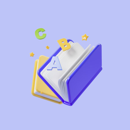 Two yellow and blue books with abc floating on purple background. Concept of reading, electronic books, education and elementary school. 3D rendering illustrationの写真素材