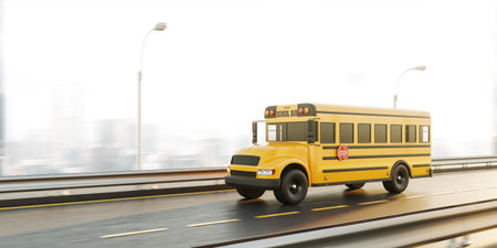 Yellow bus with red stop sign, side view moving on highway in blurred city view on background....