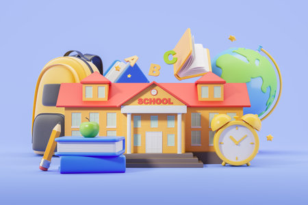 Cartoon colorful school building with books and huge backpack, earth globe with alarm clock on blue background. Concept of education and knowledge. 3D rendering illustrationの写真素材