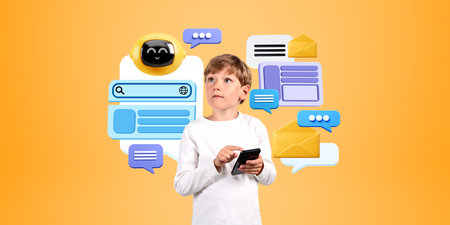 Child finger touching phone, flying chat bot robot icon with speech bubbles and website windows....