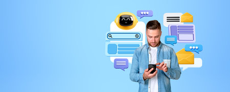 Young busy man portrait finger touching phone, chat bot robot icon with search bar, web page windows and speech bubbles on empty copy space. Concept of virtual assistantの写真素材