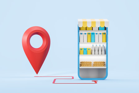 Red location marker with route and big phone screen on light blue background. Concept of delivery from supermarket, online shopping and products. 3D rendering illustrationの写真素材