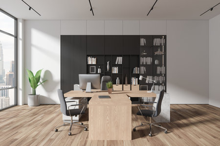 Interior of modern CEO office with white walls, wooden floor, comfortable wooden computer desk with chairs for visitors and black bookcase with folders. 3d renderingの写真素材