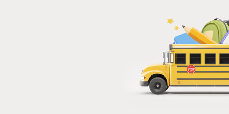View of bright yellow school bus with big school supplies inside it over gray background with copy...