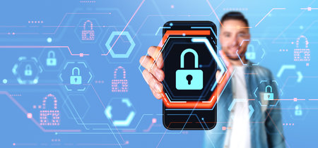 Man showing phone in hand, glowing lock icon on the screen. Hologram hud with cyber security and...