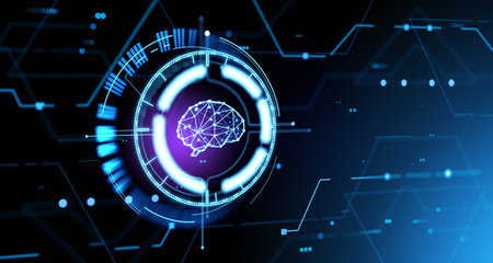 Futuristic glowing brain with connected digital circles and scanning system. AI brain and neurology,...