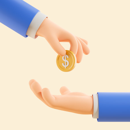 Cartoon character man hands with a gold dollar coin, beige background. Concept of business partner, deal, agreement and sponsorship. 3D rendering illustrationの写真素材
