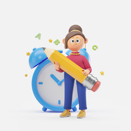 Cartoon character woman teacher holding a large pencil, copy space white background. Stars and abc letters floating. Concept of knowledge, classes and education. 3D rendering illustrationの写真素材