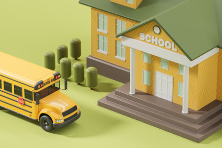 Top view of cartoon green and yellow school building with bus at the stairs. Concept of back to school, education and kids transportation service. 3D rendering illustrationの写真素材