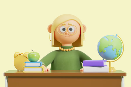 View of cartoon woman school teacher with blonde hair sitting at desk with books, apple, globe and big alarm clock over yellow background. Back to school concept. 3d renderingの写真素材