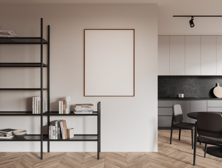 Elegant home kitchen interior with shelf and books, hardwood floor. Dining and cooking area with cabinet and table with chairs. Mock up canvas poster on wall. 3D renderingの写真素材