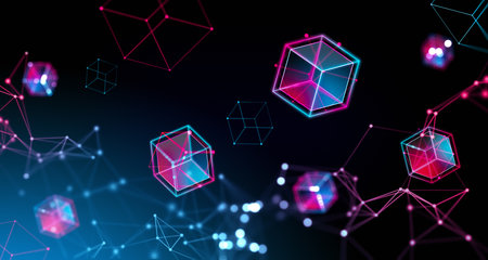 Digital hologram of floating data blocks with glowing lines, virtual reality and immersive vr. Concept of information fields and metaverse. 3D rendering illustrationの写真素材